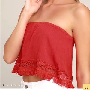Californian Red Fringe Strapless Crop Top